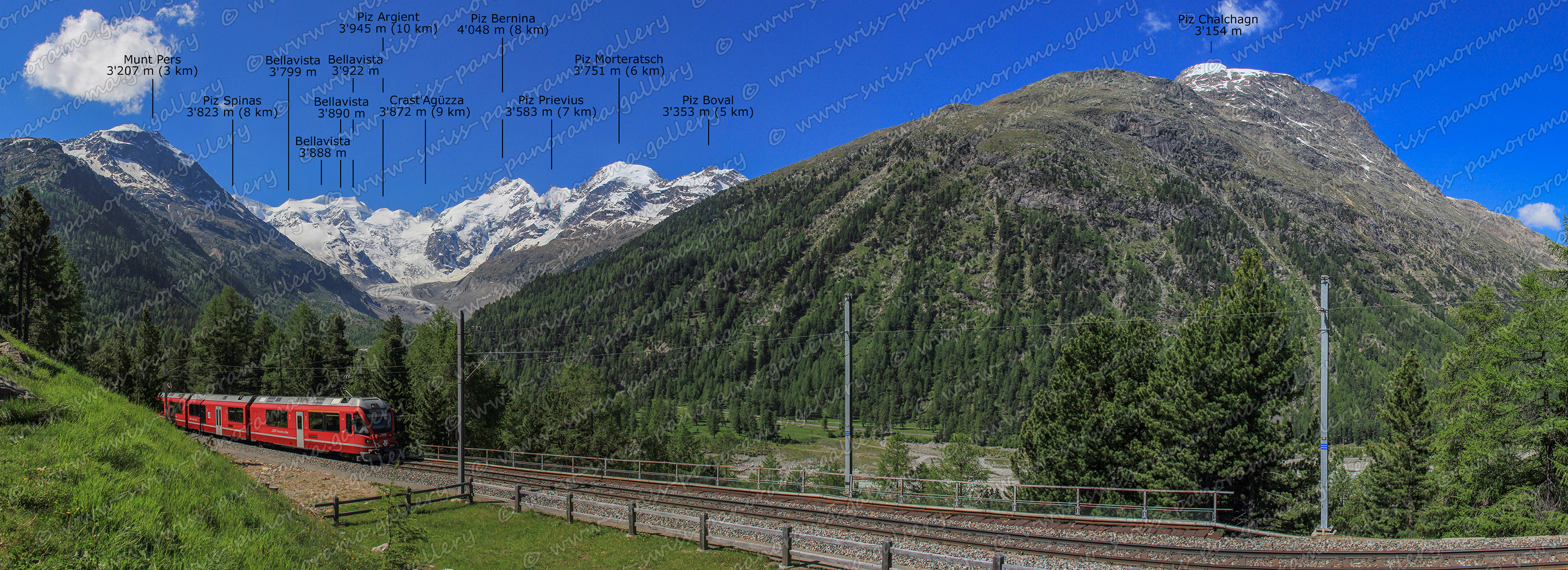 Switzerland Bernina Pass panorama Morteratsch, Munt Pers, Piz Spinas, Bellavista I, Bellavista 3'888 m, Bellavista 3'890 m. Piz Argient 3'945 m (10 km), Crast'Agüzza, Chalchagn
Piz Boval 3'353 m (5 km), Piz Morteratsch 3'751 m (6 km),Piz Prievius 3'583 m (7 km), Piz Bernina
