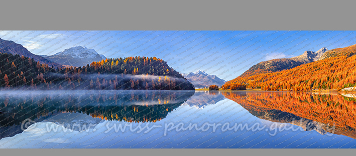 Morgendliche Herbststimmung am Lej da Champfer mit Blick auf Silvaplana, Piz Corvatsch, Piz de la Margna und Piz Polaschin Schweizer Alpenpanorama