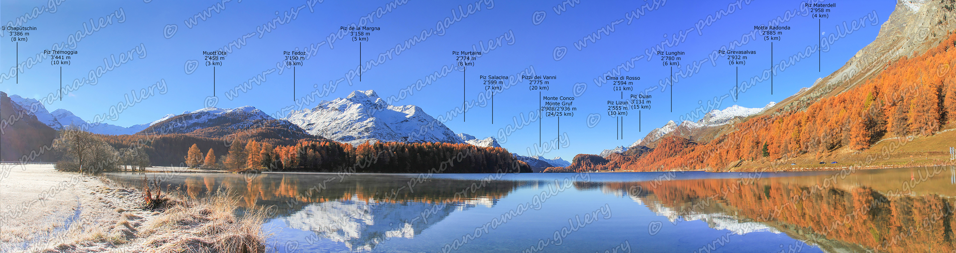 swiss panorama gallery Silsersee panorama Bergpanorama Upper Engiadina Lakes Area, Silsersee panorama, swiss-panorama.gallery, Oberengadin panorama,  Gipferverzeichnis,  Motta Radonda 2'885 m (5 km), Piz Materdell 2'958 m (4 km), Piz Grevasalvas 2'932 m (6 km), Cima di Rosso 2'594 m (11 km), Piz Duan 3'131 m (15 km), Piz Lunghin 2'780 m (6 km), Piz Lizun 2'555 m (10 km), Pizzo del Vanni 2'775 m (20 km), Monte Conco Monte Gruf 2'908 2'936 m (24 25 km, Piz Murtains 2'774 m (8 km), Piz Salacina 2'599 m (7 km), Muott'Ota 2'458 m (3 km), Il Chapütschin  3'386 m (8 km), Piz Tremoggia 3'441 m (10 km), Piz Fedoz 3'190 m (8 km), Piz San Gian 3'134 m (4 km)