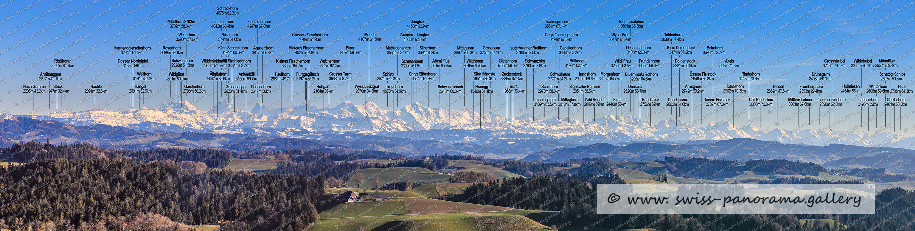 Panorama Emmental Lueg beschriftetes Alpenpanorama mit über 150 Gipfeln Blick auf die Berner Alpen, Beschriftete Schweizer Alpenpanoramen