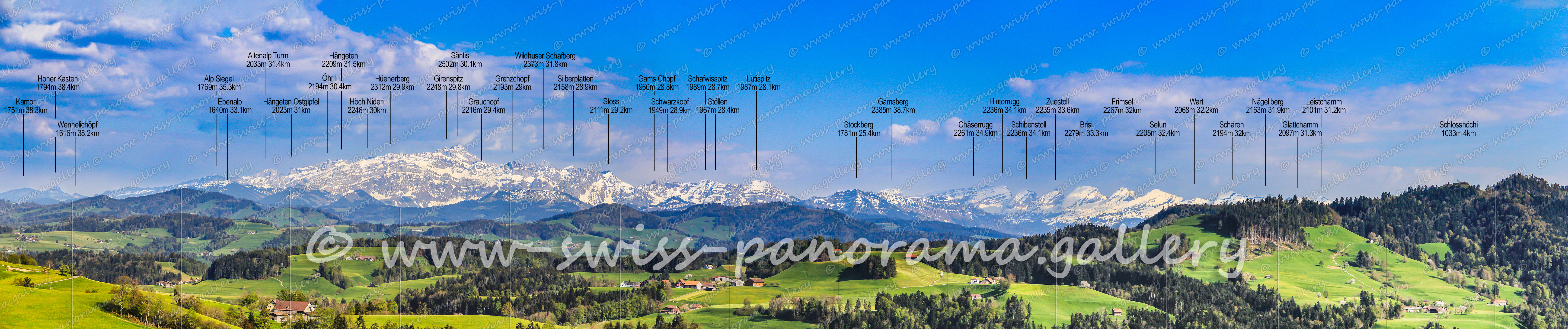 Toggenburg panorama Churfirsten Alpenpanorama Bergpanorama Toggenburg chweizer Alpen panorama; Alp Siegel 1769m 35.3km, Hängeten Ostgipfel 2023m 31km, Hängeten 2209m 31.5km, Grenzchopf 2193m 29km, Wildhuser Schafberg 2373m 31.8km. Silberplatten 2158m 28.9km, Gams Chopf 2959m 28.8km, Schafwisspitz 1989m 28.7km, Hinterrugg 2236m 34.1km, Zuestoll 2235m 33.6km. Wart 2068m 32.2km, Schlosshöchi 1033m 4km, Leistchamm 2101m 31.2km. Glattchamm 2097m 31.3km Nägeliberg 2163m 31.9km, Schären 2194m 32km, Frimsel 2267m 32km, Selun2205m 32.4km, Brisi 2279m 33.3km. Schibenstoll 2236m 34.1km, Chäserrugg 2261m 34.9km, Gamsberg 2385m 38.7km. Stockberg 1781m 25.4km, Lütispitz 1987m 28.1km, Stöllen 1967m 28.4km, Schwarzkopf 1949m, 28.9km, Stoss 2111m 29.2km,  Grauchopf 2216m 29.4km, Girenspitz 2248m 29.8km, Grauchopf 2216m 29.4km, Säntis 2502m 30.1km, Hüenerberg 2312m 29.9km, Höch Nideri 2246m 30km, Öhrli  2194m 30.4km, Ebenalp 1640m 33.1km, Wennelichöpf 1616m 38.2km, Kamor 1751m 38.3km