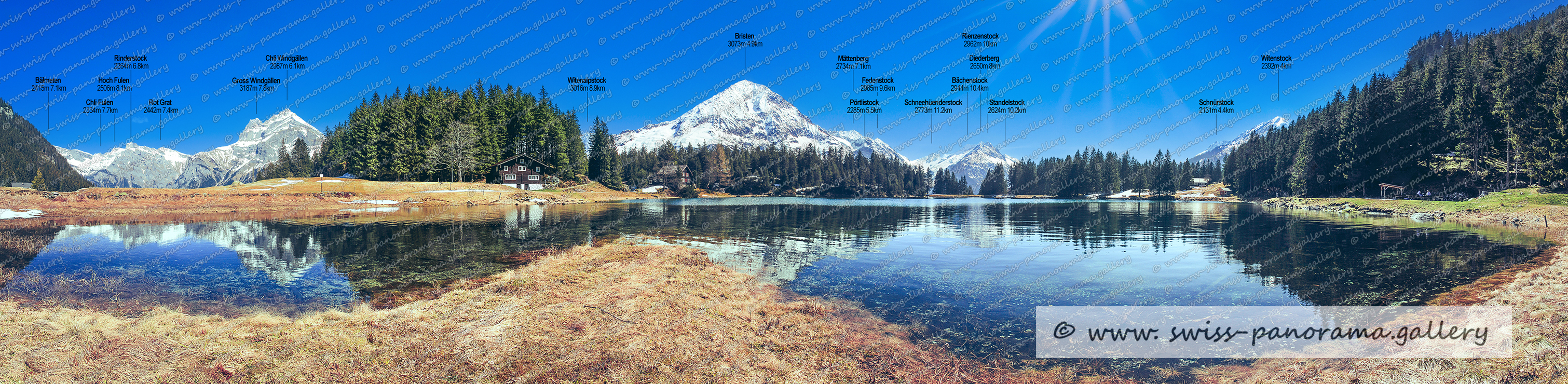 Panorama Arnisee, labelled panorama from lake Arni, ichtbare Berge vom Arnisee, Chli Fulen 2334m, Hoch Fulen 2506m, Rinderstock  2464m, Bälmeten  2415m, Rot Grat 2442m, Gross Windgällen 3187m , Chli Windgällen 2987m, Bristen 3073m, Fedenstock 2985m , Pörtlistock 2285 , Schneehüenderstock 2773m, Mättenberg 2734m, Witenalpstock  3016m , Bächenstock 2944m, Diederberg 2650m, Rienzenstock  2962m,  Standelstock 2624m, Witenstock 2392m, Schnürstock 2131m, beschriftetes Alpenpanorama vom Arni See, Lake Arni