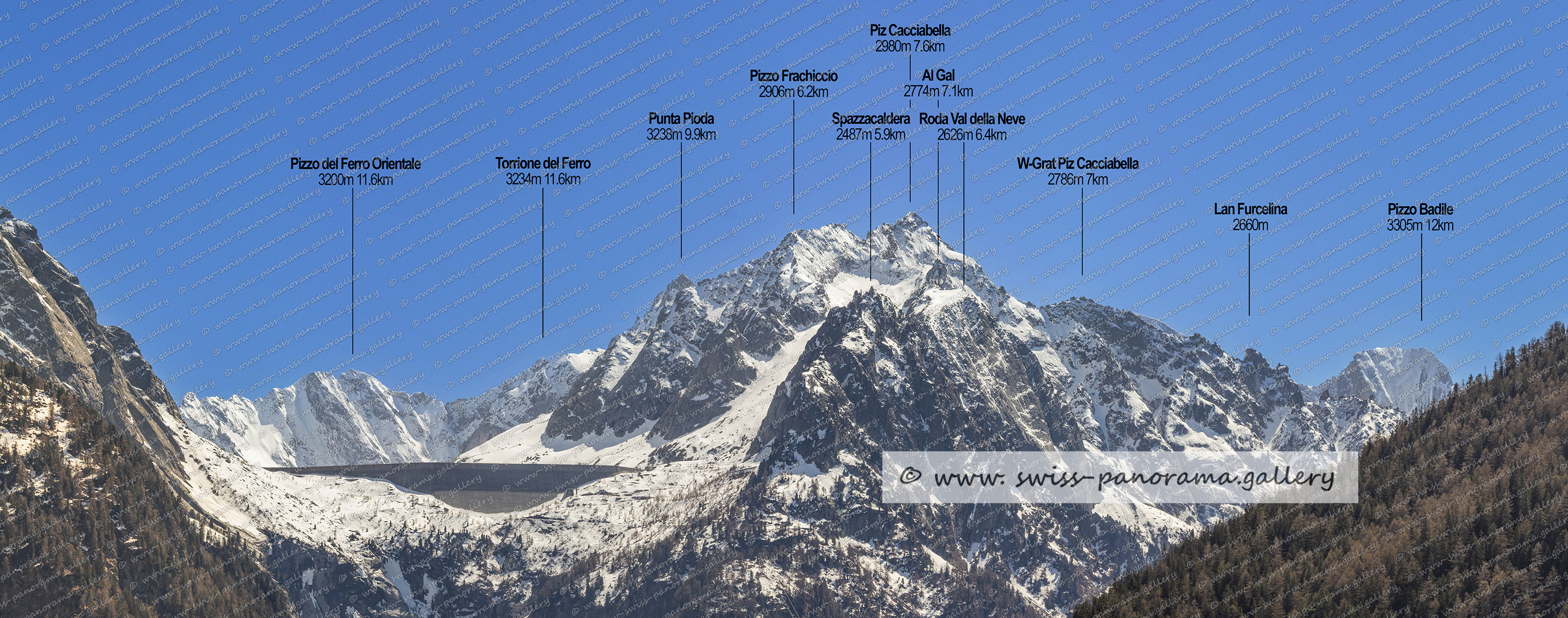 Schweizer Alpenpanorama, Bregaglia, Blick von Visosoprano zu den Gipfeln der Cima dal Largh und Piz Bacun swiss panorama.gallery