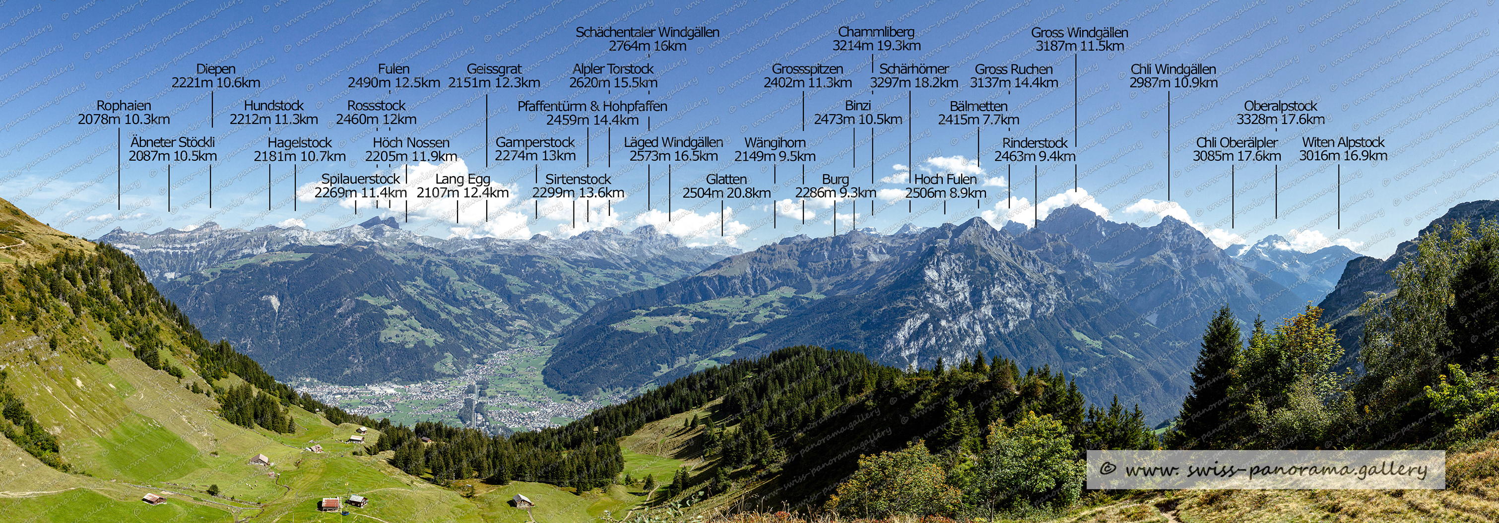 Bergpanorama von Gitschenberg zu Fläugenfadhorn, Älplistock und Vorder Schlossberg