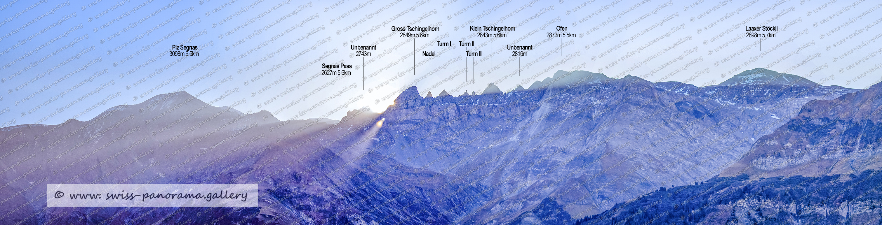 Beschriftetes Schweizer Alpenpanorama Elm , Panoramic picture of the Swiss Alps, Panoramic photos of the Swiss Alps, Beschriftetes Panorama Elm, Sernftal, Walensee, Beschriftetes Panorama Glarner Alpen,  Stöckli 2898m, Ofen GL 2873m, Pass di Segnas 2627m 5.6km, Surenjoch 2946m, Surenjoch 2946m, Grossi Schiben 2937m, Chli Schiben 2654m, Piz Sardona 3055m, Gross Tschingelhorn 2849m, Klein Tschingelhorn 2843m, Piz Segnas 3098m, swiss-panorama.gallery, famous Swiss Alps, Swiss Panorama Gallery, labelled mountain panorama from Switzerland, 