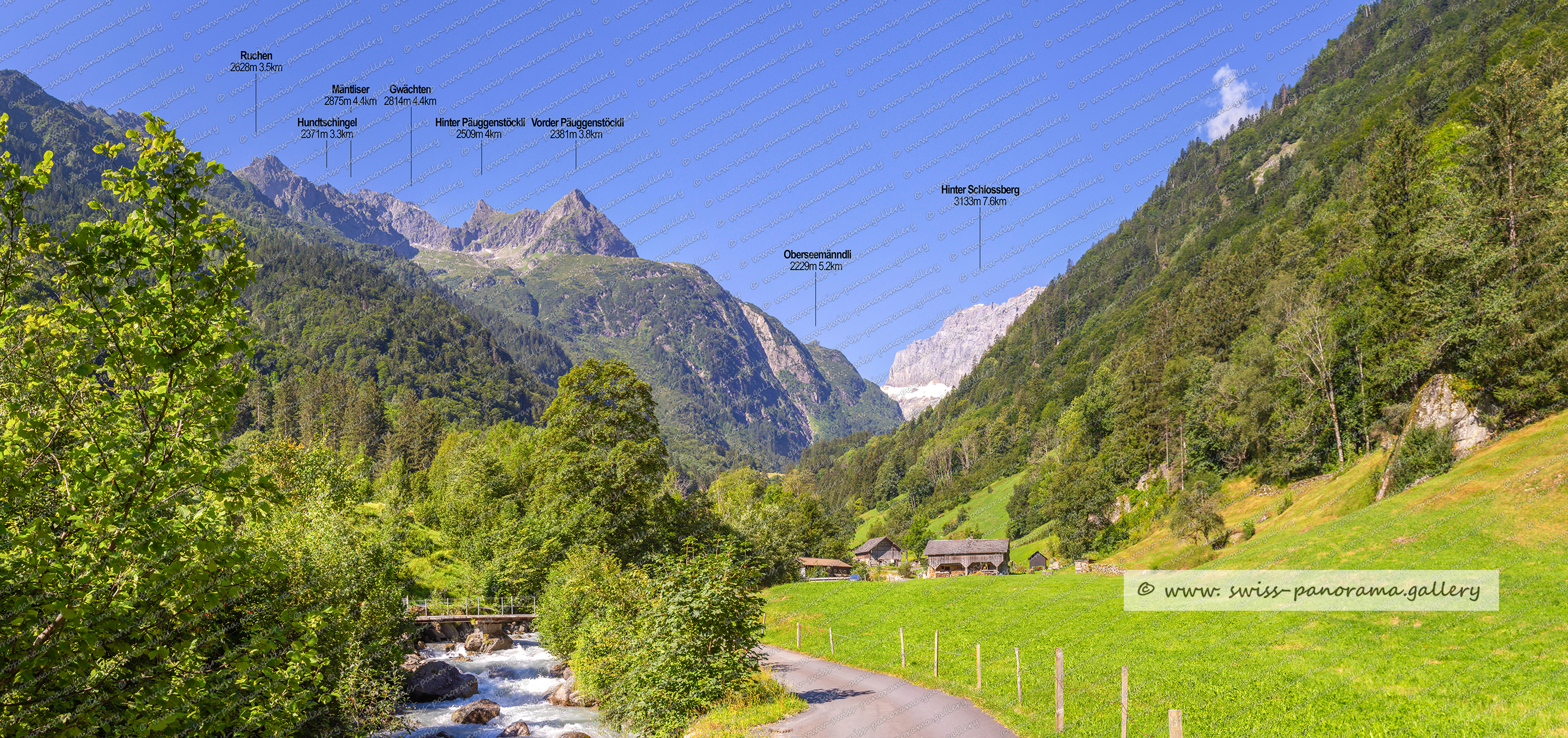 Beschriftetes Alpenpanorama Erstfeldertal, Erstfeld, Urner Alpenpanorama, swiss mountain panorama,  Hinter Schlossberg 3133m, Fruttegg 1524m 1.9km, Vorder Schlossberg 2931m, Hoch Geissberg 2395m Spitzen Horen 2110m, Vorder Schloss Ostgipfel, Vorder Schloss 2775m, Rundstock 2459m, Sunnig Stock IV, Sunnigstock V 2575m, Fläugenfadhorn 2710m, Sunnig STock III, Äiehorn 2045m, Gwasmet 2265m, Hundtschingel 2371m, Ruchen 2628m, Punkt 1734m