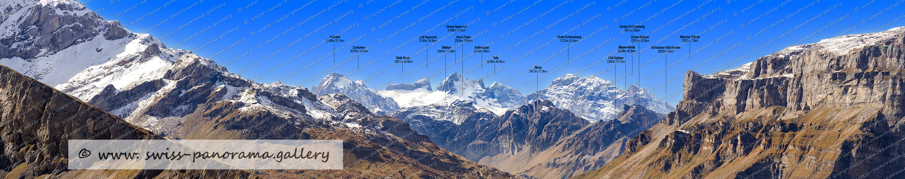 Fernsicht vom Fisetengrat zu den Urner Alpen, Fisetengrat panorama, Urnerboden, Schweizer Alpenpanorama, beschriftetes Schweizer Alpenpanorama, Sitt, Hoch Fulen 2506m, liser 2445m, Gross Spannort 3198m, Blinzi 2473m, Chli Spannort 3136m, Krönten  3108m, Glatt Stock 3051m , Blauw Höreli 2404m, Gross Spitzen 2399m, Chli Spitzen 2295m, Titlis 3238m, Zwächten 3079m, Märcher Stöckli 2382m, Vorder Schlossberg 2931m, Schwarzen Stöcklenen 2683m, Adlerspitze 3034m 34km (Spannort), Hinter Schlossberg 3133m, swiss panorama, gallery Swiss panorama gallery,