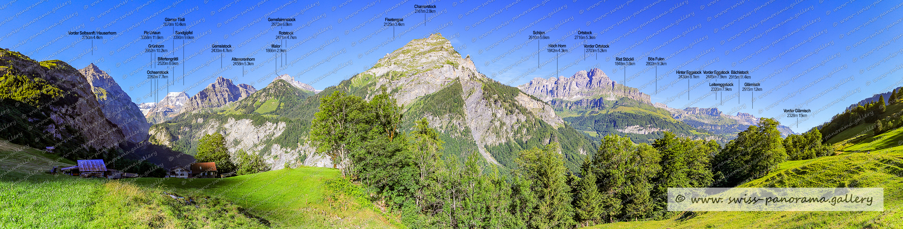 Schweizer Alpenpanorama swiss-panorama.gallery, Beschriftetes Schweizer Bergpanorama von Obbort, oberhalb Linthal und Tierfehd, Ochsenstock 2260m, Bifertengrätli 2520m, Höch Horn 1842 4.3km, Piz Urlaun 3358m, Sandgipfel 3390m, Gemsistock 2430m, Glarner Tödi 3570m, Grünhorn 2952m , Altenorenstock 2458m, Rotstock 2471m , Vorder Selbsanft 2750m, Rietstöckli 1848m  auch Rietstöckli genannt, Gemsfairenstock 2972m, Chamerstock 2161m, Fisetengrat 2125m   , Vorder Ortstock 2703m, Ortstock 2716m, Leitereggstock  2320m, Schijen 2610m beim Ortstock, Bös Fulen 2802m, Hinter Eggstock 2436m, Vorder Eggstock 2449m, Bächistock 2915m, Glärnisch 2015m, Vorder Görnisch 2328m, Malor 1866m, Swiss Alps, mountain panorama from Switzerland,