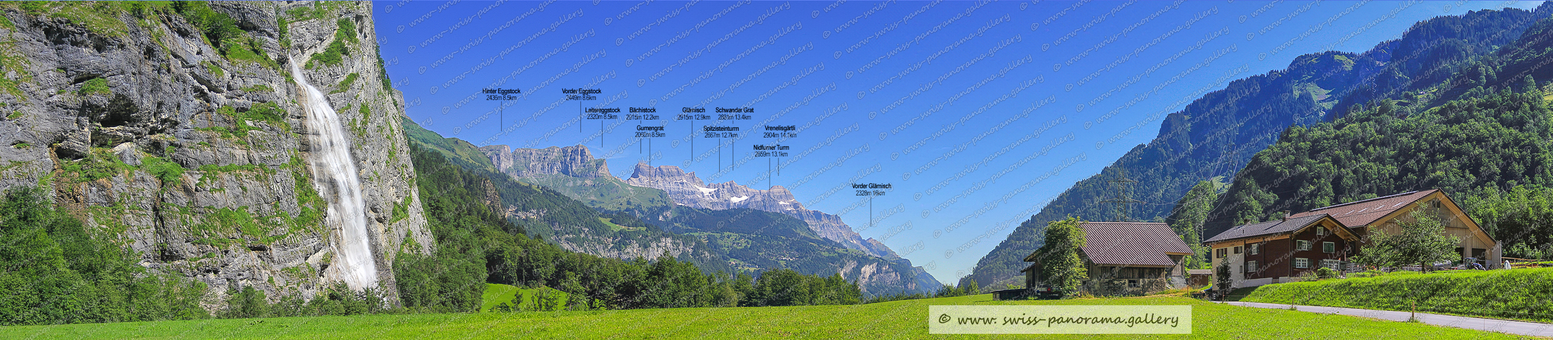 Schweizer Alpenpanorama swiss-panorama.gallery, Beschriftetes Schweizer Bergpanorama von Tierfehd , Vorder Selbsanft 2750m (Hauserhorn), Malor 1866m 2.9km, Gemsistock 2430m, Vorder Ortstock 2703m, Chamerstock 2161m, Ortstock 2716m, Leitereggstock 2320m, Vorder Eggstock 2449m, Hinter Eggstock 2436m, Spitzisteinturm 2667m   , Nidfurner Turm 2659m, Glärnisch 2915m, Bächistock 2915m, Schwander Grat 2881m  , Vrenelisgärtli 2904m, Riet Stöckli 1848m, Schreyenbach Wasserfall, Swiss Alps, Swiss mountain panorama,