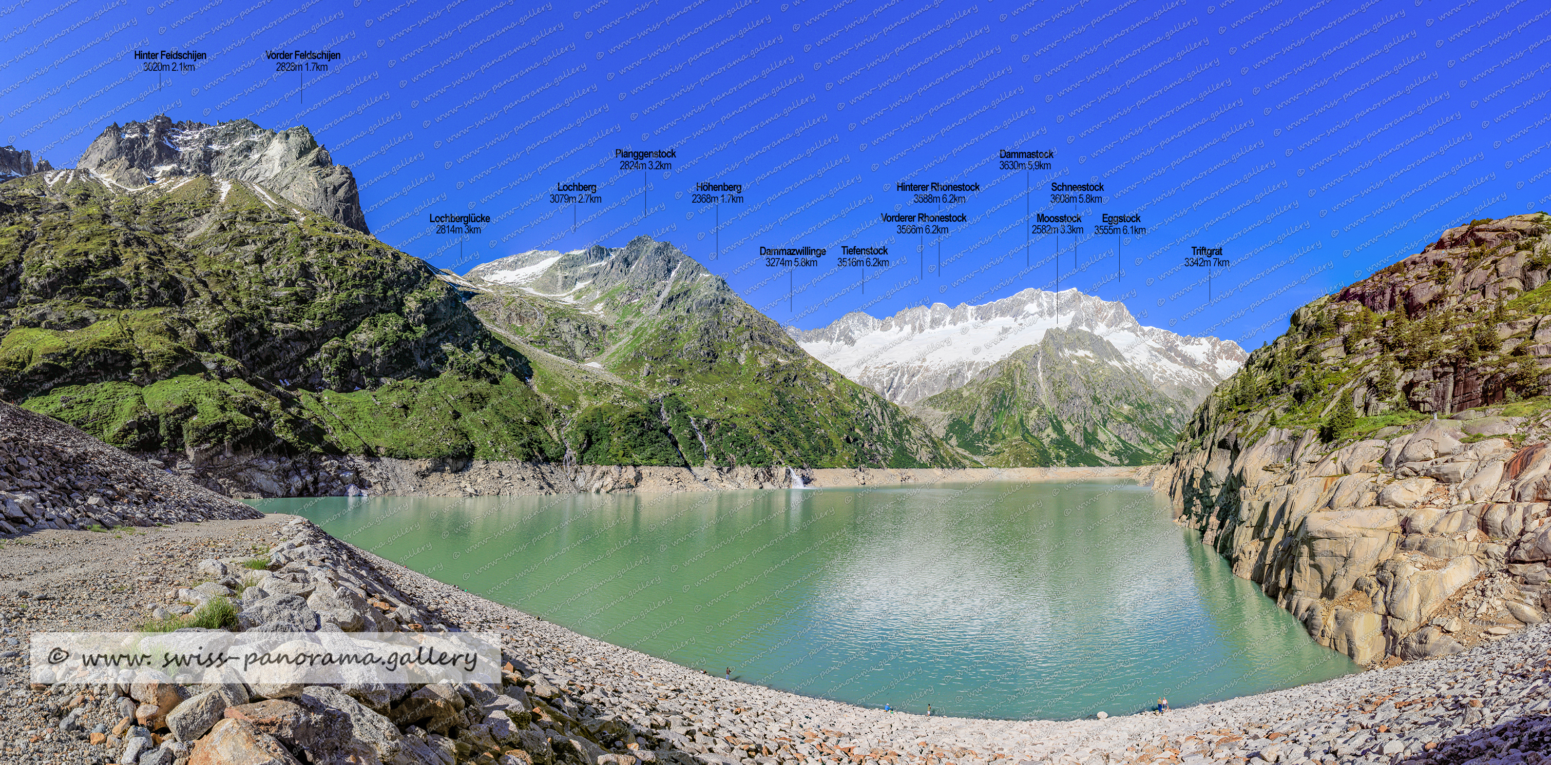 Beschriftetes Schweizer Bergpanorama, Panorama Göscheneralp See, labelled panorama from Switzerland, Lochberg 3079m, Hinterer Rhonestock 3588m, Moosstock 2582m 4-4km, Tiefenstock 3616m, Dammazwillinge 3274m, Triftgrat 3342m, Eggstock 3555m, Schneestock 3608m, Vorderer Rhonestock 3566m, Dammastock 3630m, Höhenberg 2368m 1,7km, Planggenstock 2824m. Lochberglücke 2814m, Hinter Feldschijen 3020m, Vorder Feldschijen 2828m, Hinter Tierberg Südgipfel  3446m 8.9km, Hinter Tierberg Südgipfel 3446m, Schienstock 3161m, Bergseeschijen 2816m, Triftgrat 3342m, Maasplangstock 3402m  , Hoch Schijen 2634m, Höhenberg 2368m, Schweizer Alpenpanoramen, swiss panorama gallery, Goeschener Alp, Urner Alpen,