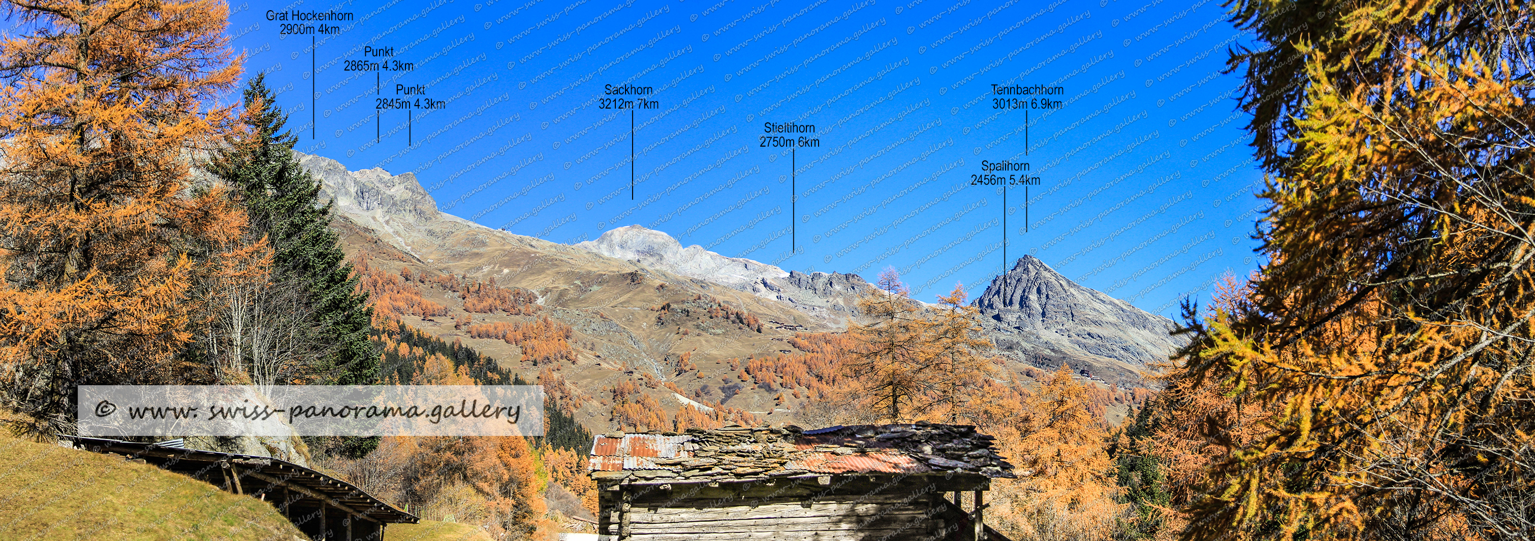 Beschriftetes Alpenpanorama Ferden im Lötschental, Grat Hockenhorn, Sackhorn 3212m 7km, Stieltihorn 2750m 6km, Tennbachhorn 3013m 6.9km, Spalihorn 2456m 5.4km,