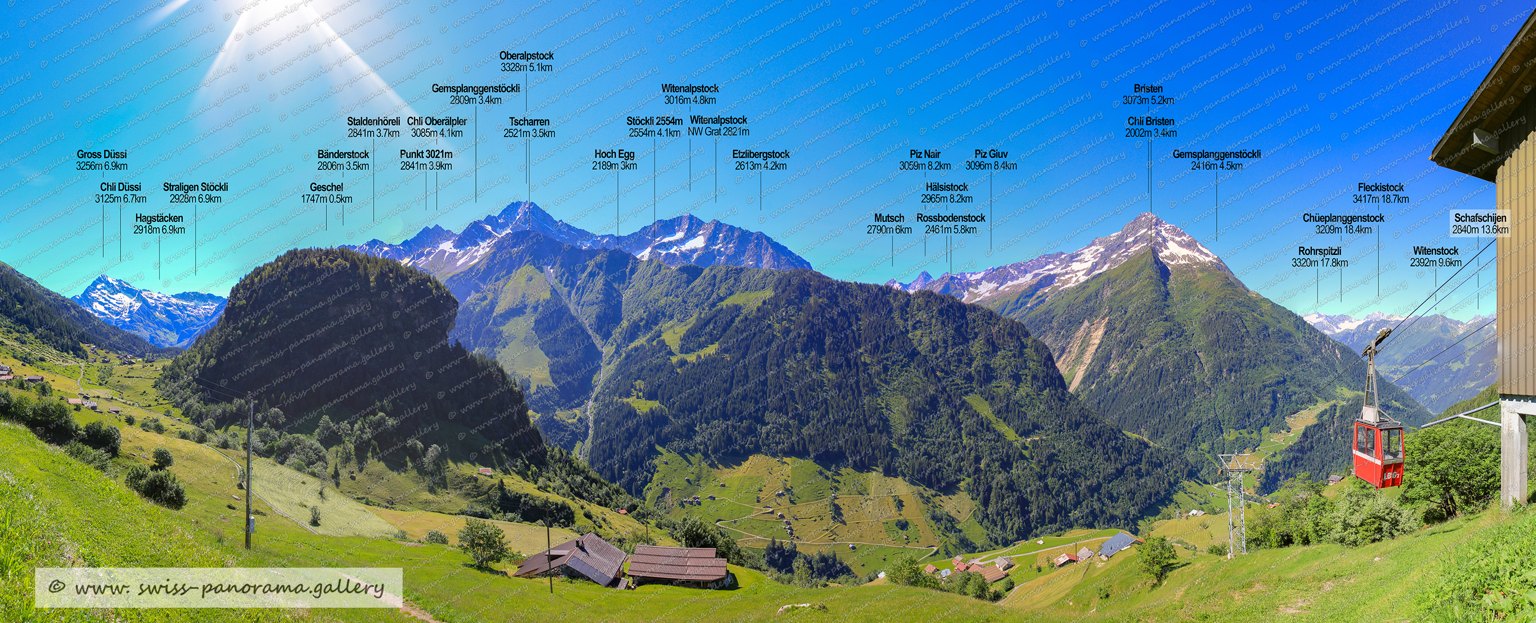 Beschriftetes Alpenpanorama vom Maderanertal Sichtbare Gipfel,  Maderanertal Sichtbare Gipfel, Bockistock 1941m 2.2km, Eigenstock 2154m, Chli Windgällen 2987m, Gross Windgällen 3187m, Wilderegg 2393m, Steintal 2582m, Furggelihorn 2765m 4.1km ,  Rigg 2019m, Chli Bristen 2202m, Stucklistock 3313m, Fleckistock 3417m, Gemsplanggenstöckli 2416m, Rot Bristen 2765m, Bristen 3073m , Sunnig Wichel 2910m, Zwächten 2853m, Sunnig Wichel 2910m, Hüfistöcklenen 2393m, Hüfihütte 2334m 4.1km, Hinterbalm 1915m, Hinterbalm 1915m, Tschingel Stöck 2873m 4.8km, Zinggen 2607m,  Stotzig Grat 2990m,  Straligen Stöckli 2928m,  Straligen Stöckli 2928m,  Chli Düssi 3125m,  Gross Düssi 3256m, Schwarzstöckli 2572m, Oberalpstock 3328, Bänderstock 2806m, Fruttstock 2837m,   Hochbocki 2604 m, Gemsplanggenstöckli 2809m, Hinterbalm 1915m, Hoch Rinderbiel 2010m,  Höchen Schijen 2843m, Swiss Alps