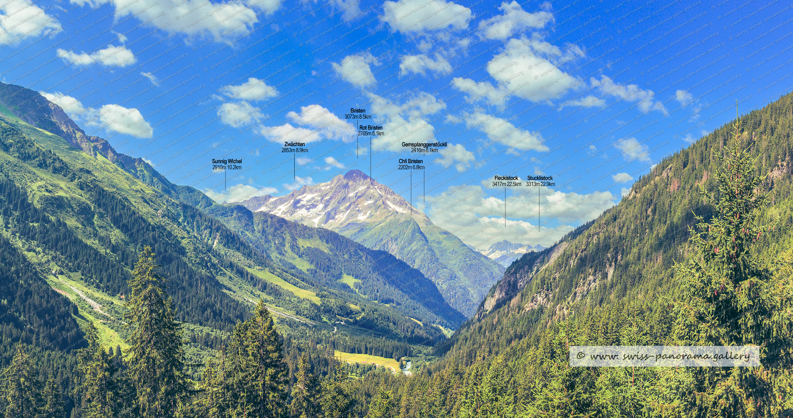 Beschriftetes Alpenpanorama vom Maderanertal Sichtbare Gipfel,  Maderanertal Sichtbare Gipfel, Bockistock 1941m 2.2km, Eigenstock 2154m, Chli Windgällen 2987m, Gross Windgällen 3187m, Wilderegg 2393m, Steintal 2582m, Furggelihorn 2765m 4.1km ,  Rigg 2019m, Chli Bristen 2202m, Stucklistock 3313m, Fleckistock 3417m, Gemsplanggenstöckli 2416m, Rot Bristen 2765m, Bristen 3073m , Sunnig Wichel 2910m, Zwächten 2853m, Sunnig Wichel 2910m, Hüfistöcklenen 2393m, Hüfihütte 2334m 4.1km, Hinterbalm 1915m, Hinterbalm 1915m, Tschingel Stöck 2873m 4.8km, Zinggen 2607m,  Stotzig Grat 2990m,  Straligen Stöckli 2928m,  Straligen Stöckli 2928m,  Chli Düssi 3125m,  Gross Düssi 3256m, Schwarzstöckli 2572m, Oberalpstock 3328, Bänderstock 2806m, Fruttstock 2837m,   Hochbocki 2604 m, Gemsplanggenstöckli 2809m, Hinterbalm 1915m, Hoch Rinderbiel 2010m,  Höchen Schijen 2843m, Swiss Alps