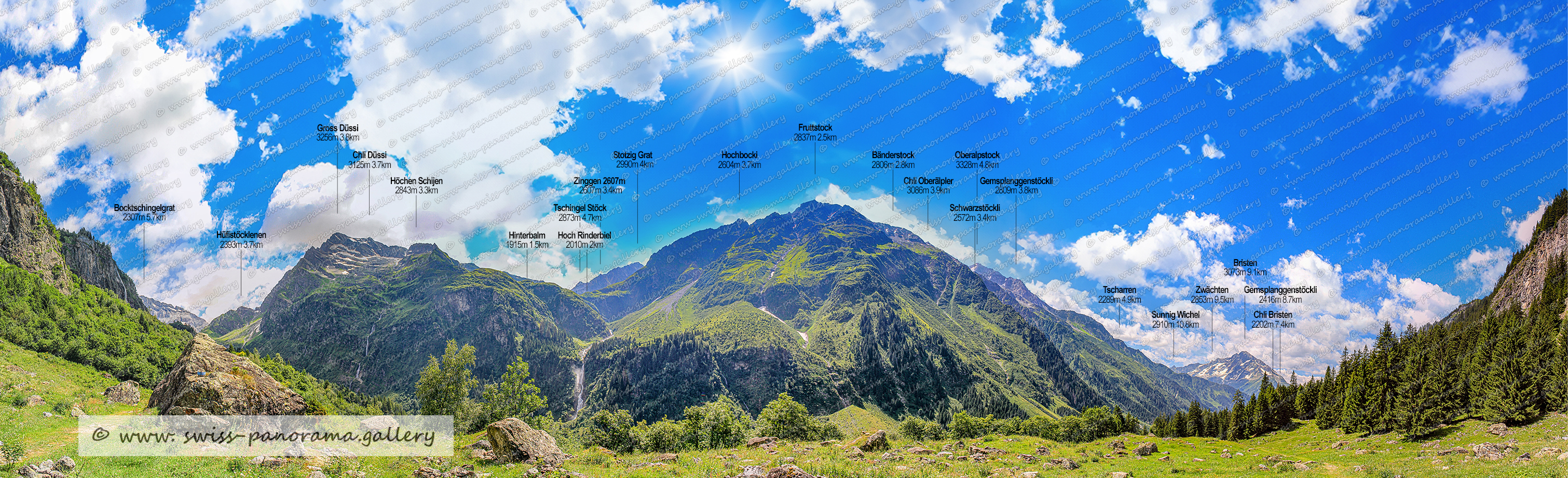 Switzerland Urner Alpenpanorama Maderanertal Sichtbare Gipfel, Wichelhorn 2767m, Furtstock 2413m 7.7km, Mittelstock 2584m, Sunnig 2839m 9.8km, Krönten  3108m, Breitlaui 1150m, Ruchpass 2657m  9.8km, Gitschentor 2442m, Gwächten 2814m 9.9km, Gitschengrat 2541m 16km, Mäntliser 2875m, Wannelihorn 1866, Spitzen Horen 2110m, Rot Gitschen 2673m, Gitschengrat 2574m, Rundstock 2459m, Hoch Geissberg 2395m, Sunnig Stock IV 2488m, Sunnigstock V 2575m, Gitschenhöreli 2907m, Schijen 2096m, Fläugenfadhorn 2710m, Sunnig Stock  III 2473m, Langchälengrätli 2204m, Ruchälplistock 2476m, Sunnig Grat 2034, Ruchen 2628m, Lammerbach Wasserfall, Brunnibach Wasserfall