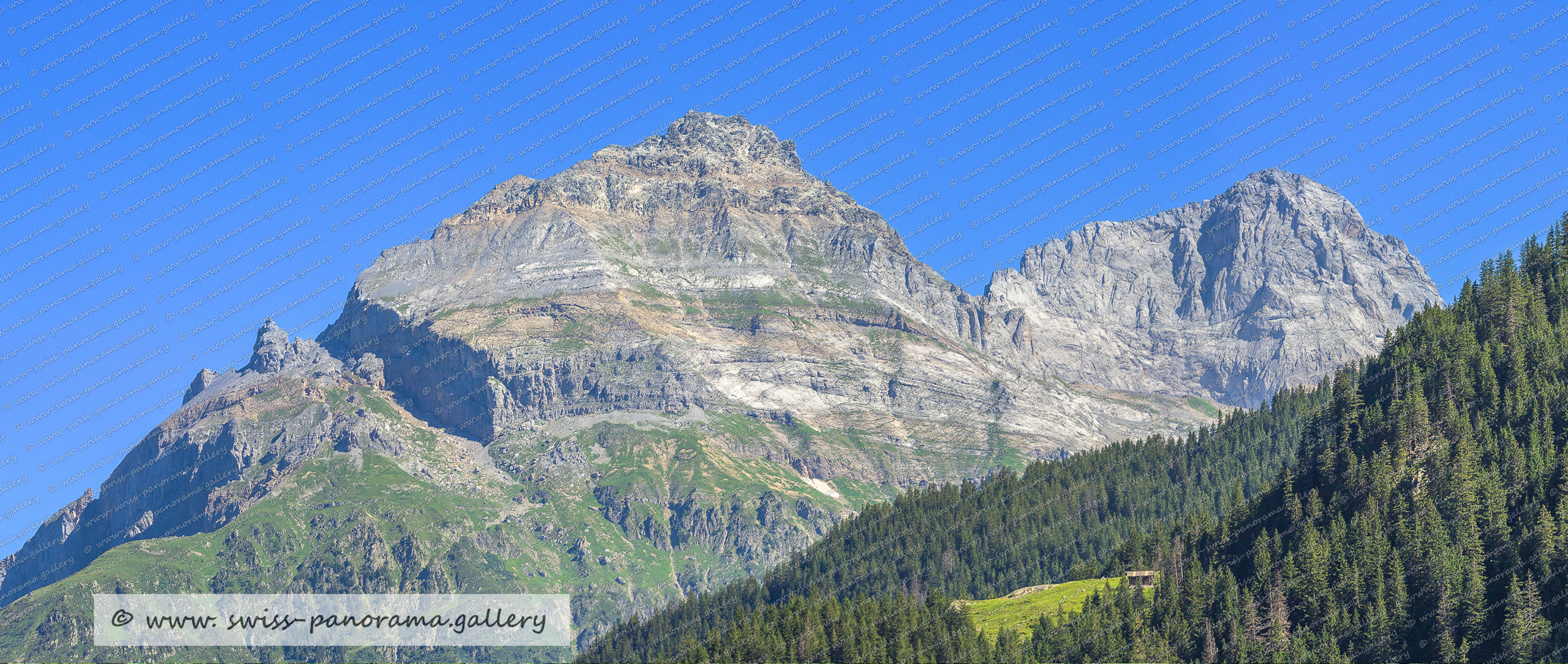 Beschriftete Alpenpanoraman, ETzlital mit Blick auf den Bristen, Urner Alpenpanorama. Swiss Alps