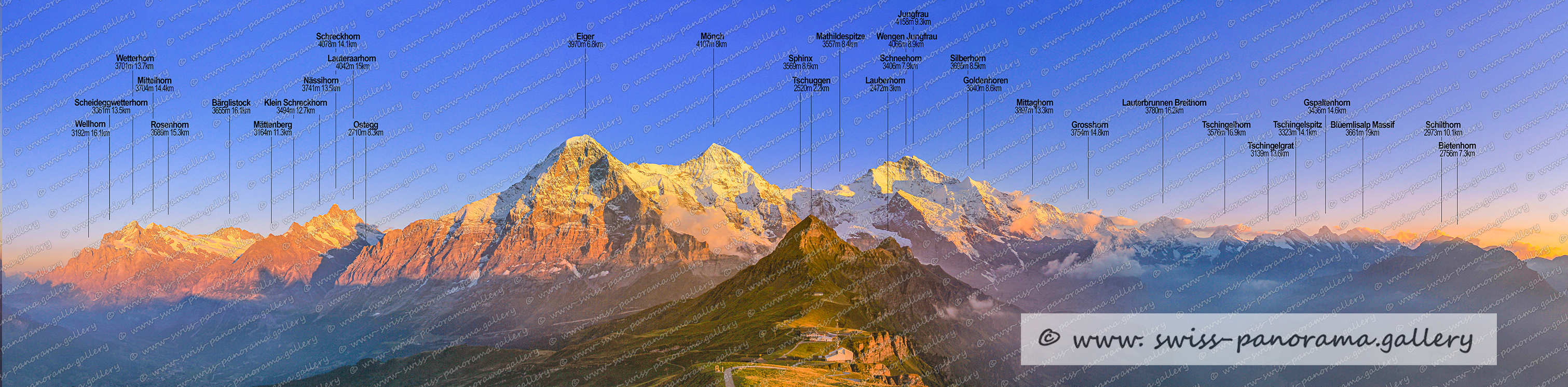 Switzerland Berner Oberland, Männlichen panorama beschriftet, Berner Oberland