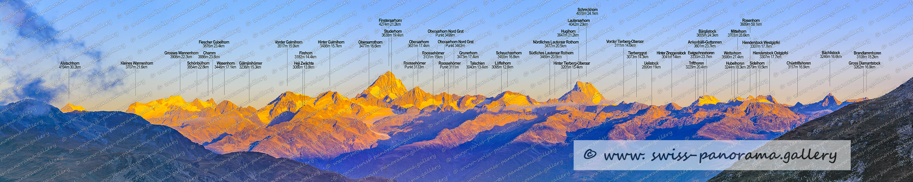 Panorama Nufenen Pass beschriftet Blick auf Finsteraarhorn, Beschriftete Schweizer Alpenpanoramen