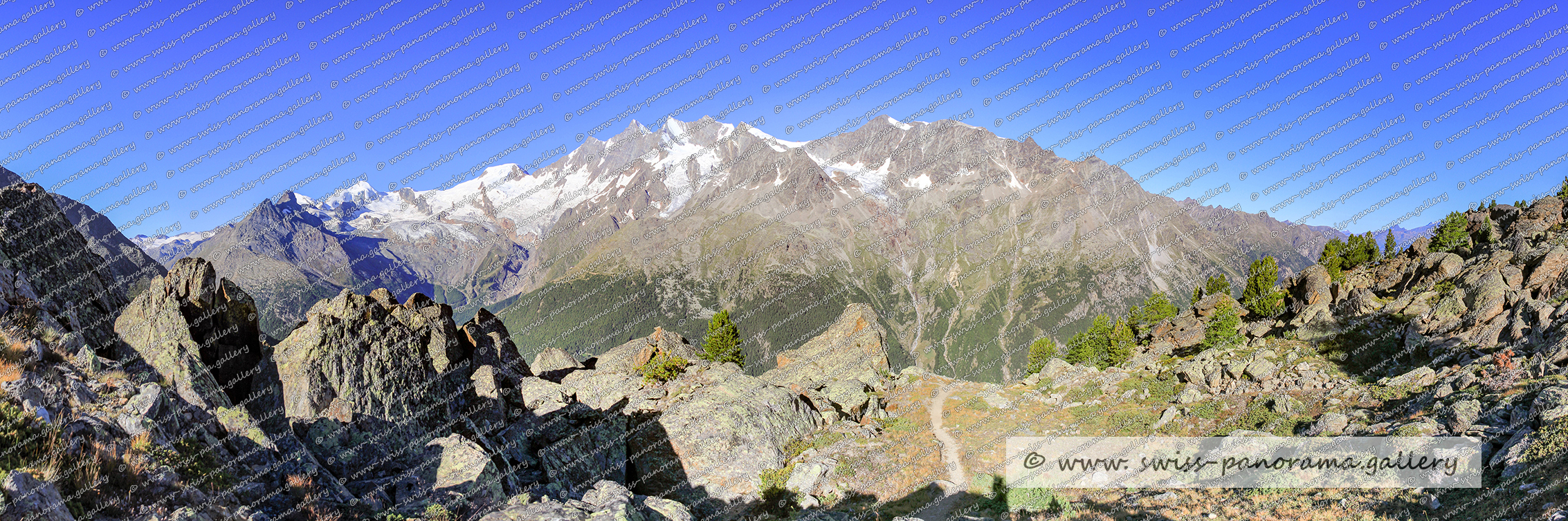 Entlang des Saastaler Höhenweg Walliser Alpenpanorama, Signalkuppe 4554m, Zumsteinspitze 4554m. Nordend 4609m, Strahlhorn 4190m, Rimpfischhorn 4199m, Allalinhorn 4020m,  Alphubel 4206m, Täschhorn 4491m, Dom 4545m, Lenzspitze 4294m, Nadelhorn 4327m, Stecknadelhorn 4241m, Hohberghorn 4219m, Dürrenhorn 4035m