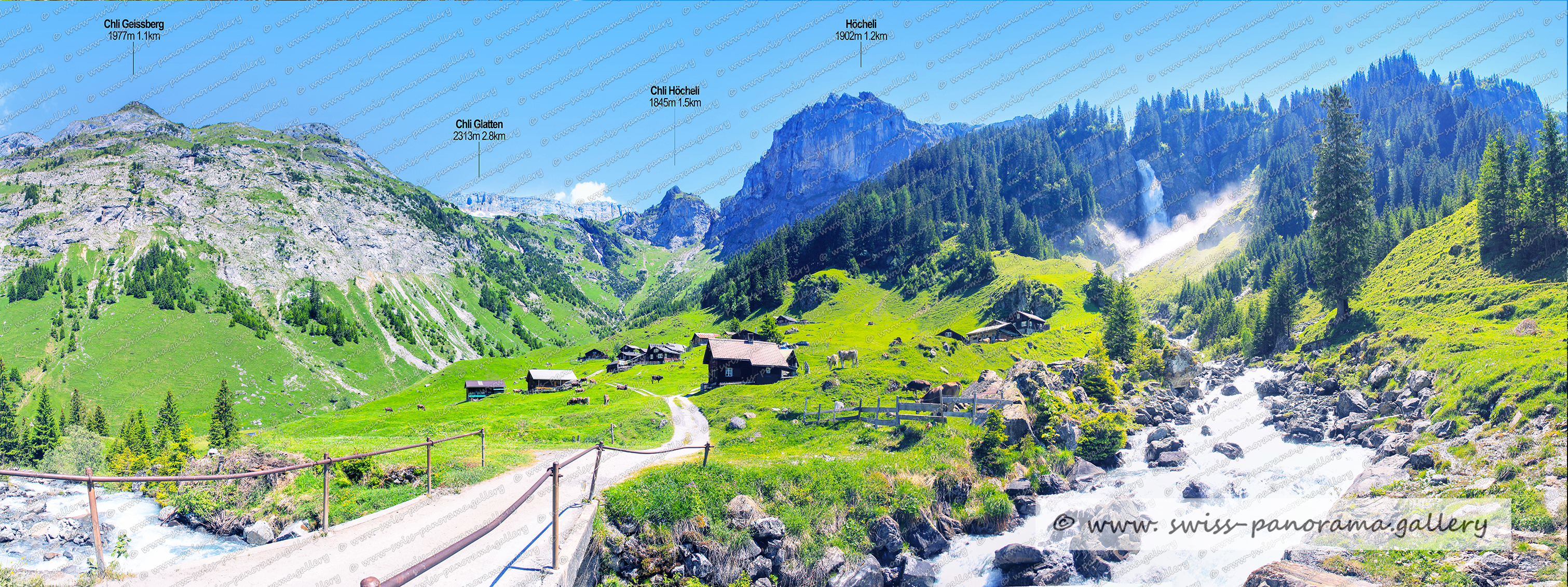 swiss mountain panorama, Beschriftetes Schweizer Alpenpanorama, Schächental, Staubenfall, Stäubifall