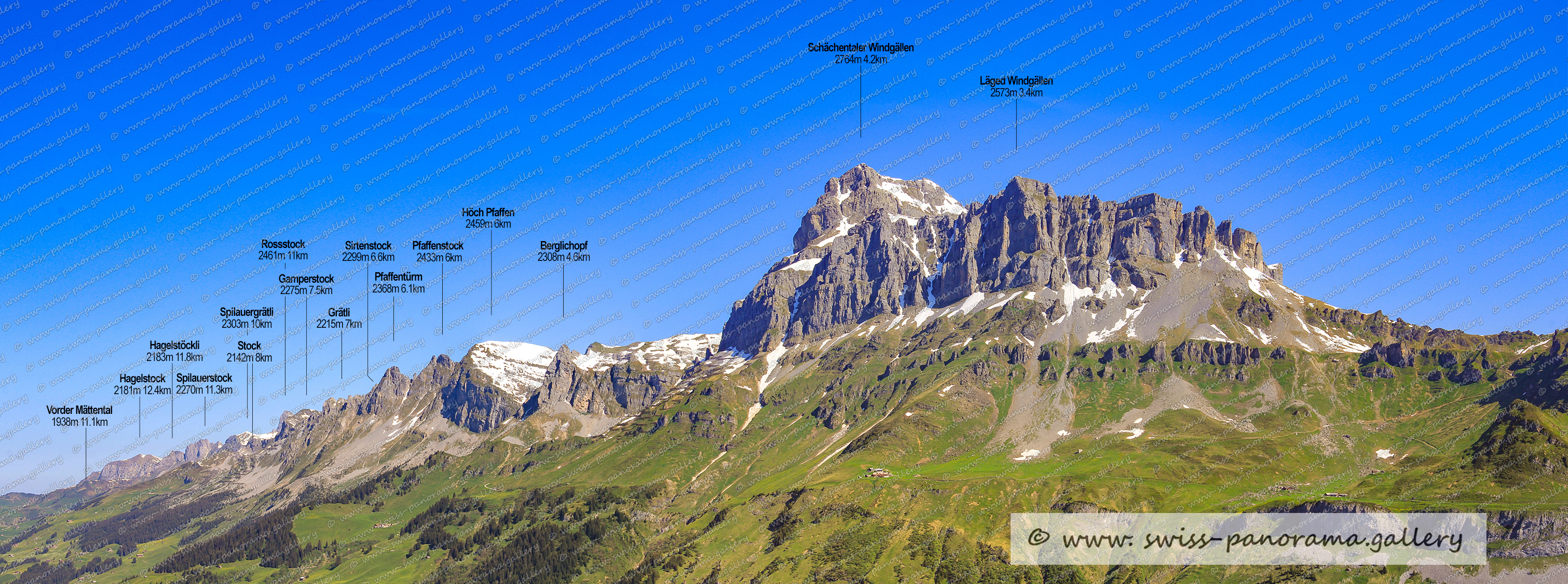 Beschriftetes Alpenpanorama von der Alp Oberalp, Schächental, Swiss mountain panorama, Läged Windgällen 2573m, Schächentaler Windgällen 2764m, Geissberg 2236m, Geissberg Gipfel 2318m, Chli Geissberg 1977m, Balmer Grätli Punkt 2309m, Märcher Stöckli 2382m, Chli Glatten 2313m, Berglichopf 2308m, Höch Pfaffen 2459m, Pfaffenstock  2413m 6km, Grätli 2215m, Pfaffentürm,  2368m, Rossstock 2461m, Gamperstock 2275m, Spilauerstock 2270m, Spilauergrätli 2303, Hagelstöckli 2183m, Stock 2142m im Schächental, Hagelstock 2181m, Swiss Panorama Gallery, Schweizer Bergpanorama Schächental, Urner Alpenpanorama,