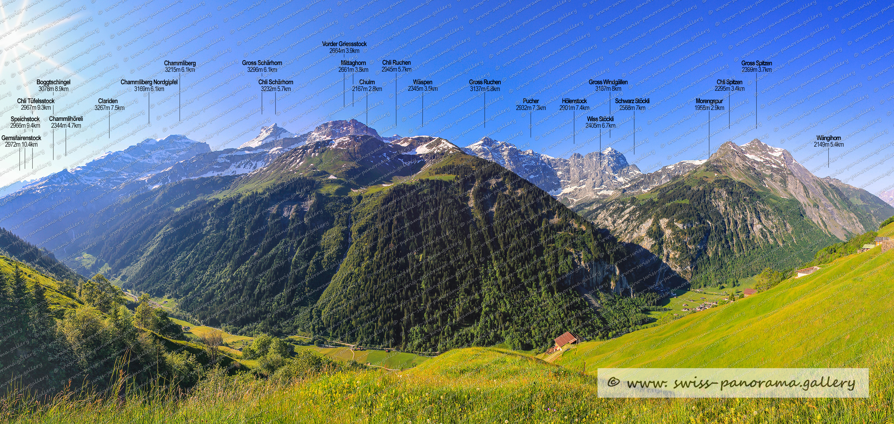 Beschriftetes Alpenpanorama von der Alp Oberalp, Schächental, Swiss mountain panorama, Läged Windgällen 2573m, Schächentaler Windgällen 2764m, Geissberg 2236m, Geissberg Gipfel 2318m, Chli Geissberg 1977m, Balmer Grätli Punkt 2309m, Märcher Stöckli 2382m, Chli Glatten 2313m, Berglichopf 2308m, Höch Pfaffen 2459m, Pfaffenstock  2413m 6km, Grätli 2215m, Pfaffentürm,  2368m, Rossstock 2461m, Gamperstock 2275m, Spilauerstock 2270m, Spilauergrätli 2303, Hagelstöckli 2183m, Stock 2142m im Schächental, Hagelstock 2181m, Swiss Panorama Gallery, Schweizer Bergpanorama Schächental, Urner Alpenpanorama,