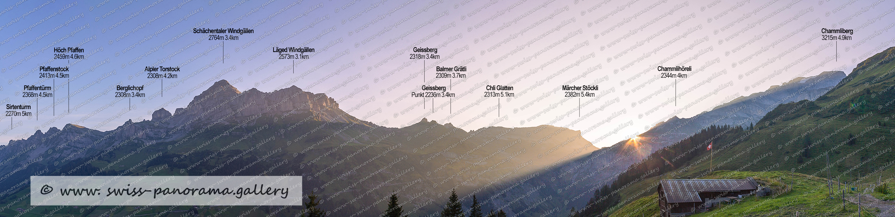 Beschriftetes Alpenpanorama Alp Wannelen Schächental, Berglichopf 2308m, Alpler Torstock 1621m 4.2km, Läged Windgällen 2573m, Schächentaler Windgällen 2764m, Sirtenturm 2270m, Pfaffentürm 2368m, Höch Pfaffen 2459m  , Balmer Grätli 2309mGeissberg 2318m, Pfaffenstock  2413m, Märcher Stöckli 2382m, Chammlihöreli 2344m, Chli Glatten 2313m, Chammliberg 3215m, Geissberg 2236m,labelled mountain Panorama from Switzerland