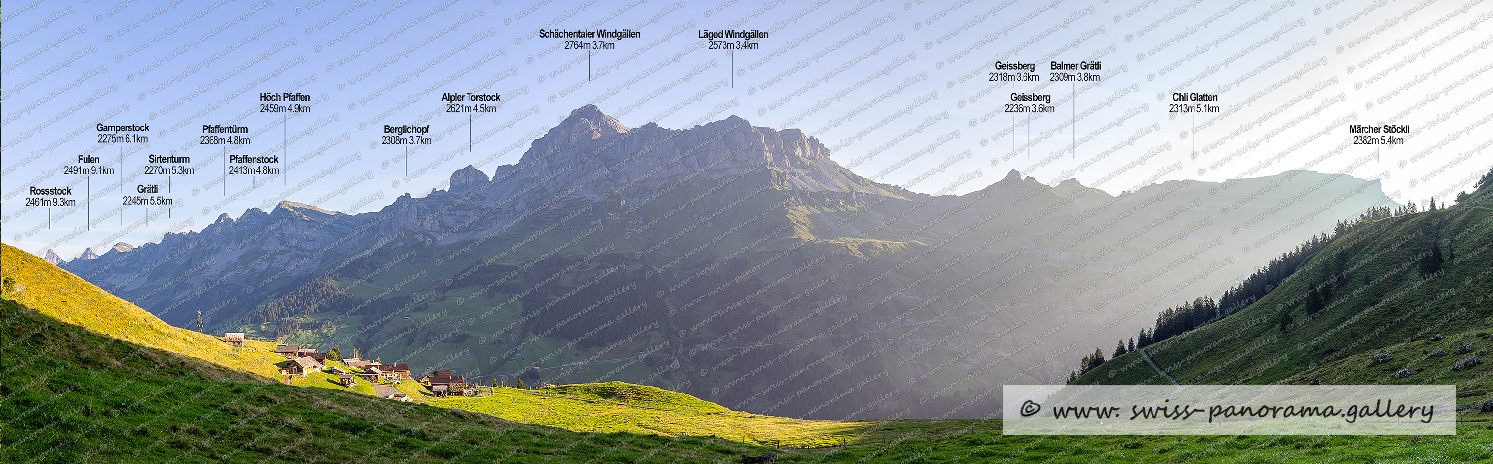 Beschriftetes Alpenpanorama Alp Wannelen Schächental, Berglichopf 2308m, Alpler Torstock 1621m 4.2km, Läged Windgällen 2573m, Schächentaler Windgällen 2764m, Sirtenturm 2270m, Pfaffentürm 2368m, Höch Pfaffen 2459m  , Balmer Grätli 2309mGeissberg 2318m, Pfaffenstock  2413m, Märcher Stöckli 2382m, Chammlihöreli 2344m, Chli Glatten 2313m, Chammliberg 3215m, Geissberg 2236m,labelled mountain Panorama from Switzerland