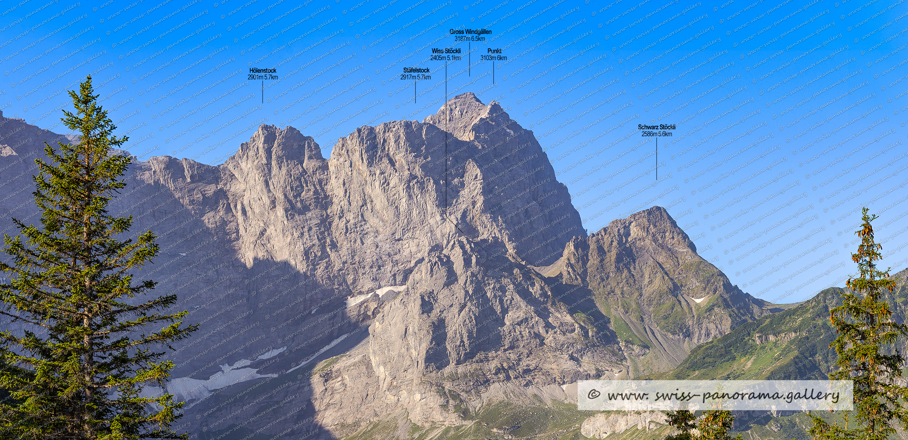 Beschriftetes Alpenpanorama von der Alp Oberalp, Schächental, Swiss mountain panorama, Blick zur Gross Windgällen, Stäfelstock 2917m, Wiss Stöckli 2405m, Gross Windgällen 3187m, Hölenstock 2901m, Schwarz Stöckli,