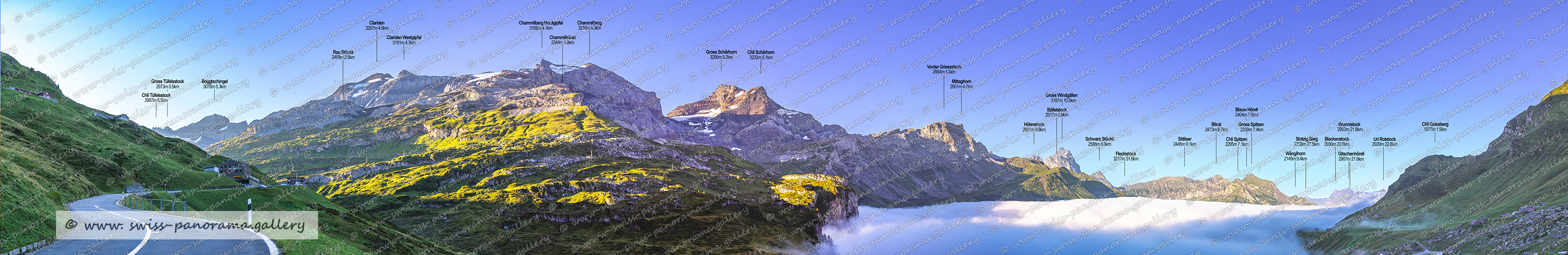 Beschriftetes Alpenpanorama 180 Grad Panoramablick kurz vor der Klausen Passhöhe,labelled mountain Panorama from Switzerland Klausenpasshöhe, Beschriftetes Schweizer Bergpanorama, Schweizer Alpenpanorama, Chli Tüfelsstock 2967m, Chammliberg 3215m, Gross Tüfelsstock 2973m, Boggtschingel 3078m, Rau Stöckli 2469m, Clariden 3267m, Clariden Westgipfel 3191m, Chammlihöreli 2344m, Chammliberg 3215m, Mittaghorn 2661km, Vorder Griessstock 2664m, Schwarz Stöckli 2568m, Hölenstock 2901m, Gross Schärhorn 3296m, Stäfelstock 2917m, Gross Windgällen 3187m   , Fleckistock 3417m, Chli Spitzen 2295m, Chli Schärhorn 3232m, Gross Spitzen 2399m  , Blauw Höreli 2404m, Blinzi 2473m, Sittliser 2445m, Wängihorn 2149m, Blackenstock 2930m, Gitschenhöreli 2907m, Uri Rotstock ,  Brunnistock 2952, Stotzig Berg 27.5km,  Chli Geissberg 1977m,