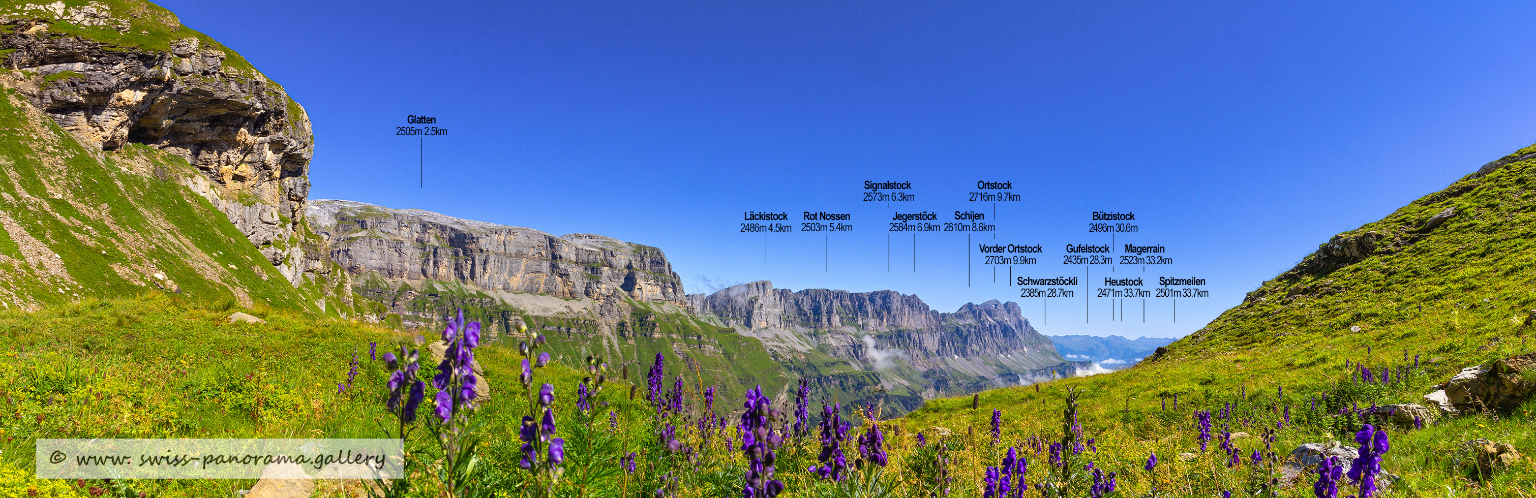 Beschriftetes Alpenpanorama von der Klausenpasshöhe, Klausenpass, Rau Stöckli 2469m, Chammliberg Nordgipfel, Iswändli, mountain panorama from Switzerland, Swiss Alps