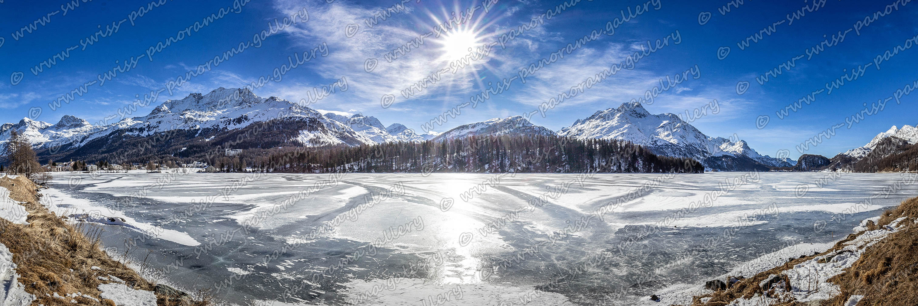 swiss panorama gallery Engadiner Seeen Silvaplanersee panorama Lake Silvaplana Upper Engiadina Lakes Area Silvaplanersee panorama, Gipfelverzeichnis, Piz Corvatsch 3'458 m (4 km), Piz Mortel 3'442 m (4 km), Piz da l'Ova Cotschna (2'716 m (6 km), Munt Arlas 3'129 m, Munt Arlas 3'129 m, Munt Arlas 3'129 m