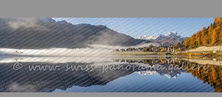 Reflektion von Silaplana und Schloss Crap da Saas im Laj da Champfer Alpen Panorama Silvaplana  Panorama Alpenpanorama