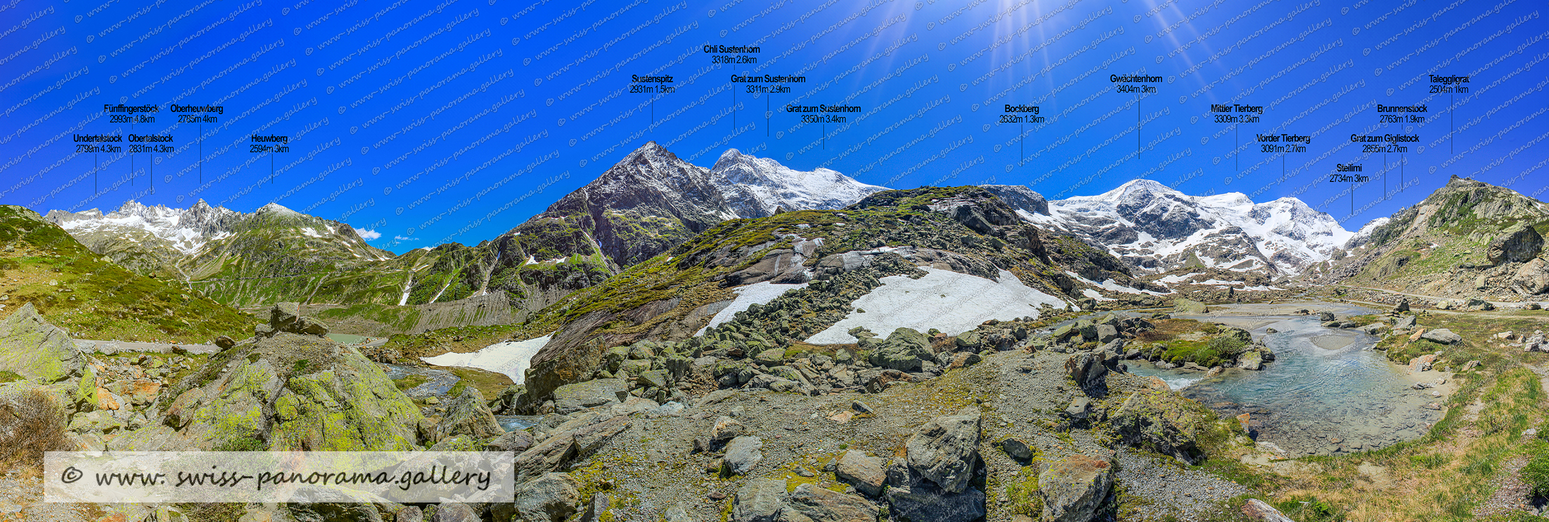 Switzerland Sustenpass, Steingletscher 350 Grad Weitwinkel Panorama, beschriftetes Alpenpanorama aus der Umgebung Steingletscher