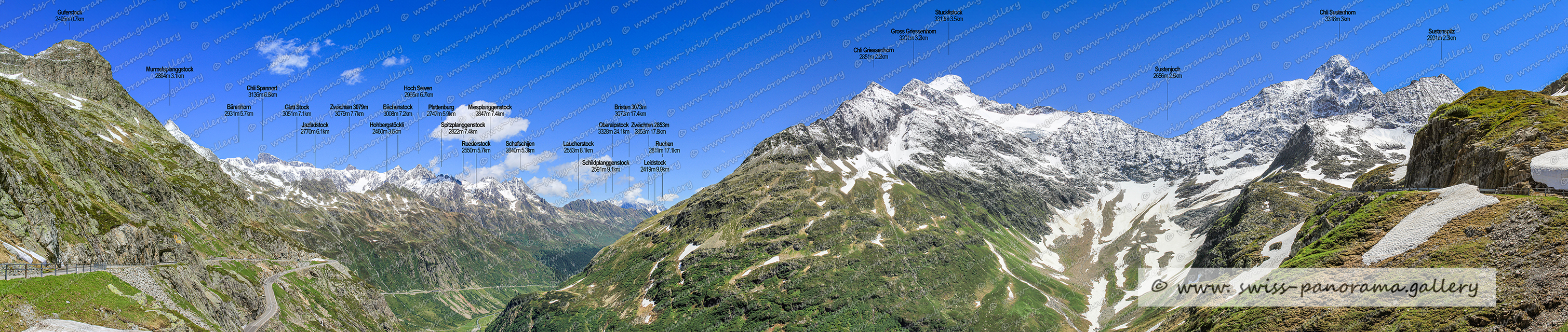 Switzerland Susten Pass Schweizer Alpenpanorama beschriftet. Susten Pass Gadmen Panorama Meiental Swiss mountain panorama