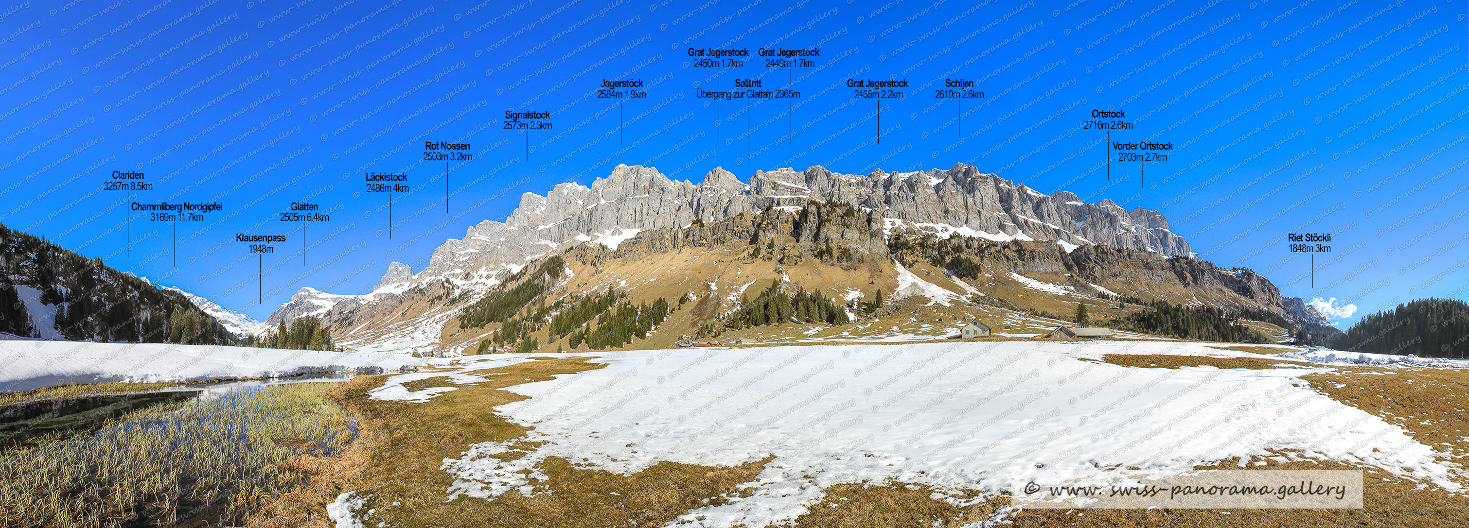 Schweizer Alpenpanorama Urnerboden swiss-panorama.gallery Beschriftetes Panorama Urnerboden, Läckistock 2486m, Rot Nossen 2503m, Glatten 2505m, Signalstock 2573m, Jegerstöck 2584m  , Ortstock 2716m, Vorder Ortstock 2703m, Clariden 3267m, Chammliberg Nordgipfel 316, Schijen 2610m, Grat Jegerstock 2450m, Schweizer Alpenpanorama, labelled Swiss mountain Panorama, Urner Alpenpanorama