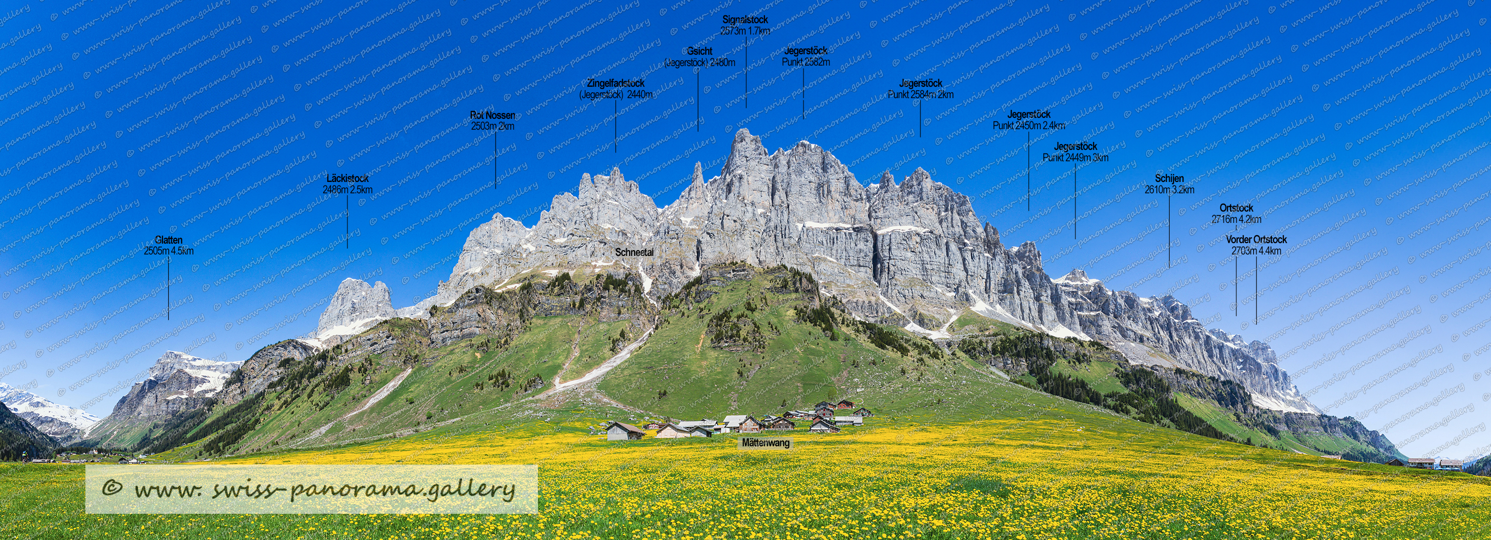 Urnerboden Panorama Alpenpanorama,Urnerboden, Beschriftetes Alpenpanorama vom Urnerboden, Läckistock 2486m 4.6km, Signalstock 2573m, Glatten 2505m, Rot Nossen 2503m, Gsicht Jegerstöck 2480m, Zingelfadstock Jegerstsöck 2440m, Schneetal Urnerboden, Signalstock 2573m 1.7km, Jegerstöck 2584m, Schijen 2610m,  Vorder Ortstock 2703m, Jegerstöck 2485, swiss-panorama.galler, swiss panorama gallery, labeled mountain panorama from Switzerland,