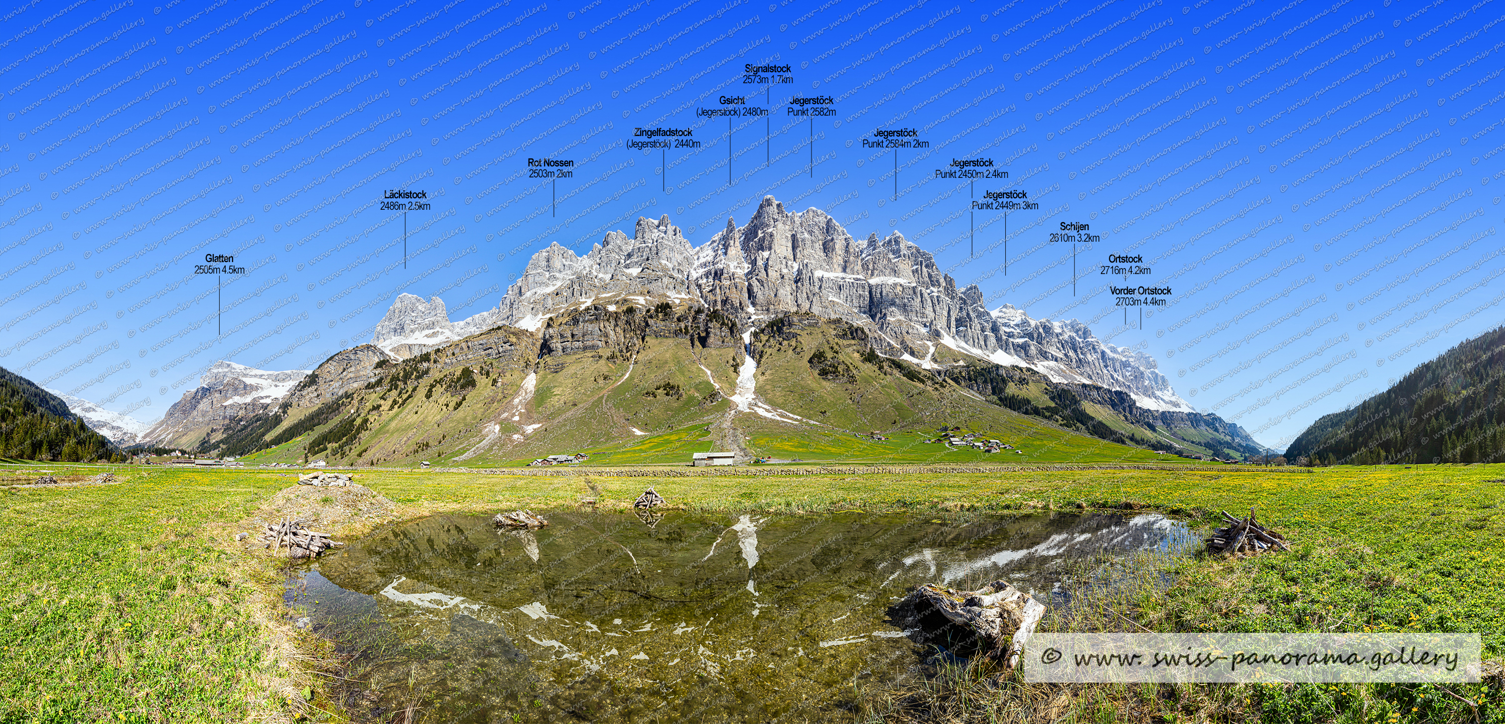 Urnerboden Panorama Alpenpanorama,Urnerboden, Beschriftetes Alpenpanorama vom Urnerboden, Läckistock 2486m 4.6km, Signalstock 2573m, Glatten 2505m, Rot Nossen 2503m, Gsicht Jegerstöck 2480m, Zingelfadstock Jegerstsöck 2440m, Schneetal Urnerboden, Signalstock 2573m 1.7km, Jegerstöck 2584m, Schijen 2610m,  Vorder Ortstock 2703m, Jegerstöck 2485, swiss-panorama.galler, swiss panorama gallery, labeled mountain panorama from Switzerland,