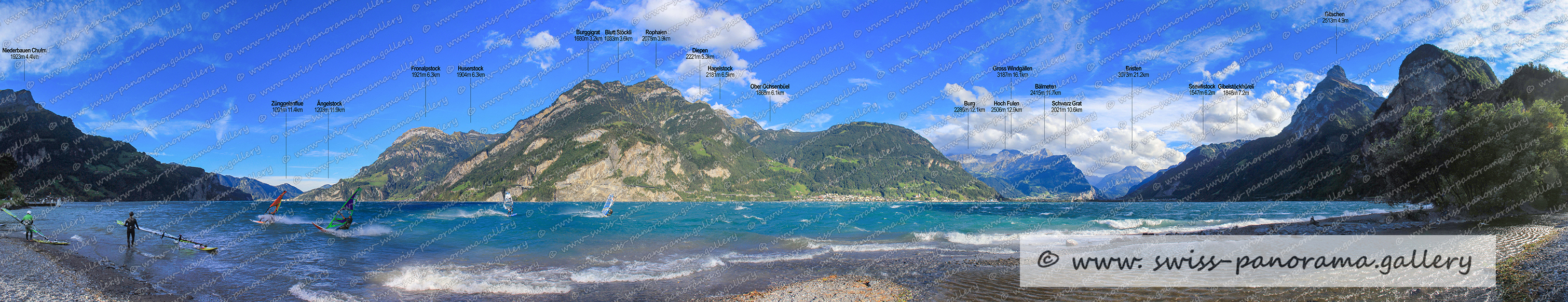 Switzerland panorama Windsurfer am Urnersee Isleten Urnersee panorama beschriftet Lake Uri Axen road, beschriftetes Schweizer Alpenpanoramen Urnersee panorama