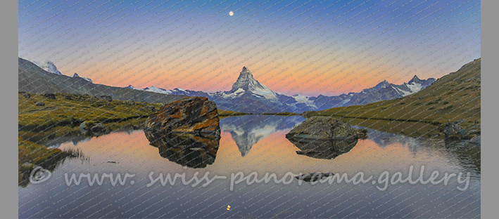 Zermatt Stellisee Morgendämmerung Vollmond über dem Matterhorn Schweizer Alpenpanorama